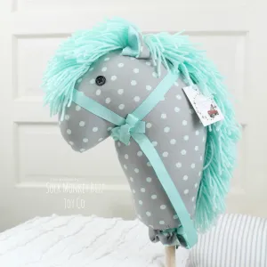 Handcrafted Seafoam and Grey Polka Dot Stick Horse Unicorn, 36" Hobby Horse