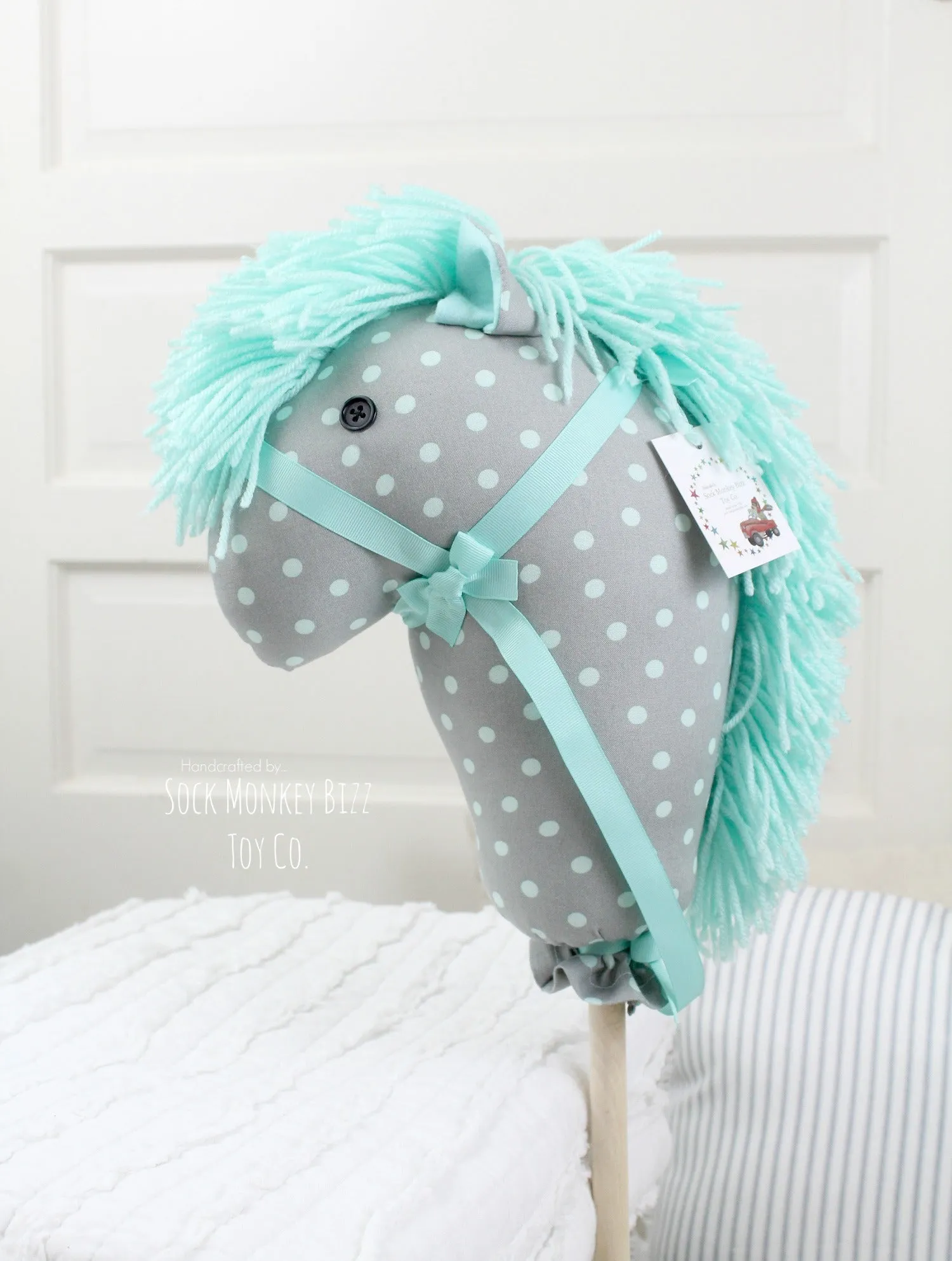 Handcrafted Seafoam and Grey Polka Dot Stick Horse Unicorn, 36" Hobby Horse