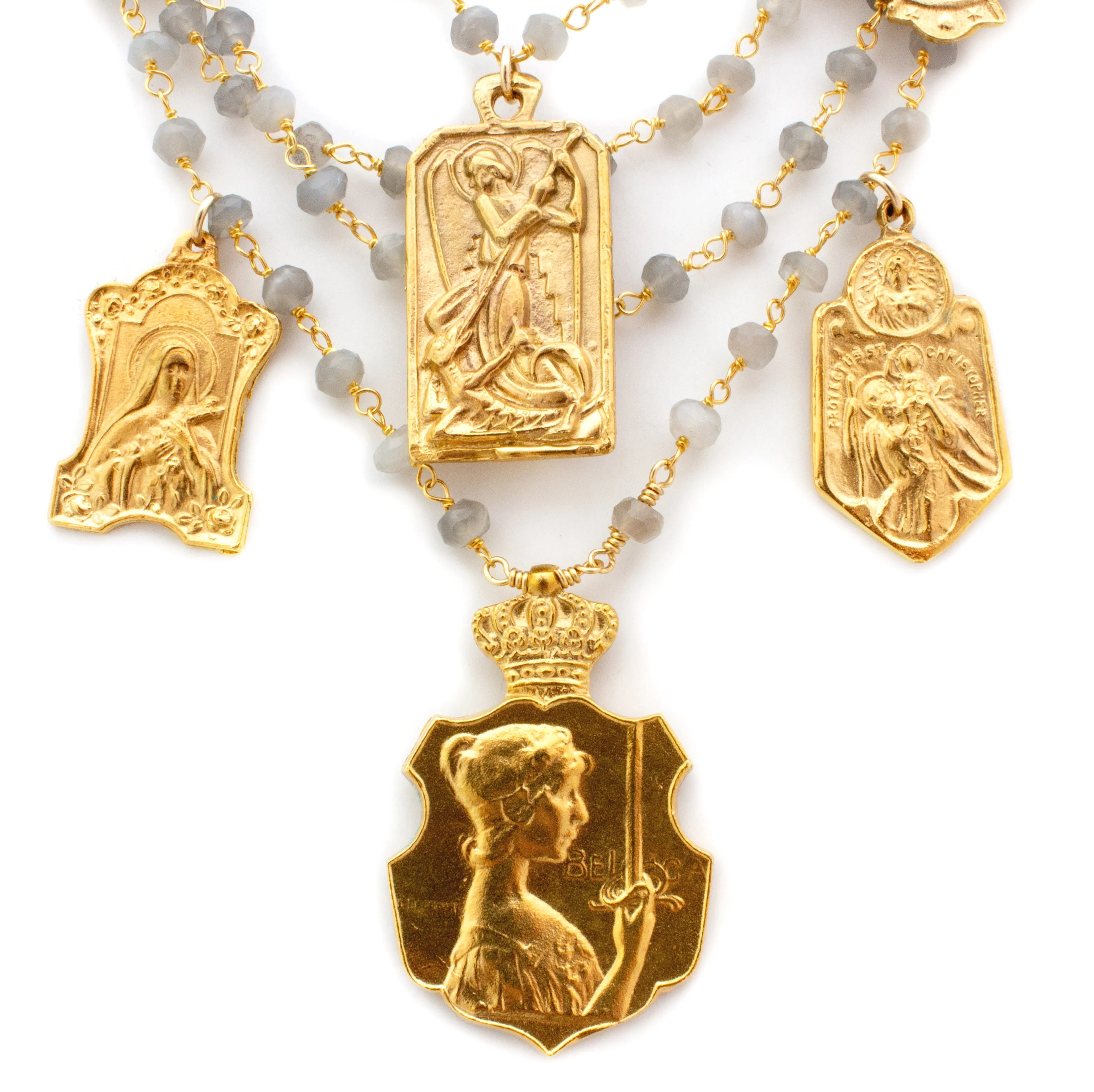 Handmade Multistrand Laboradite Necklace with Vintage Religious Charms