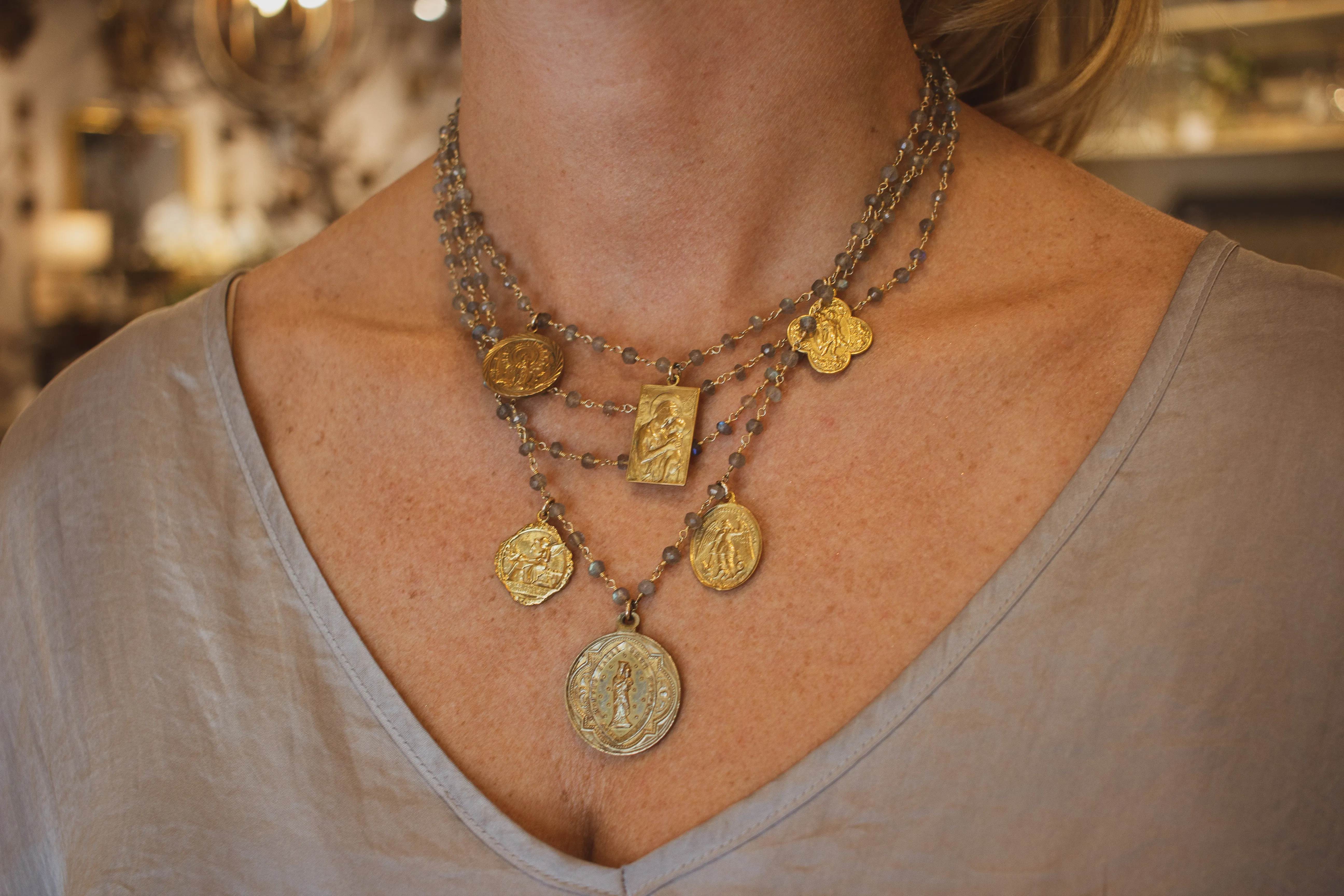 Handmade Multistrand Laboradite Necklace with Vintage Religious Charms