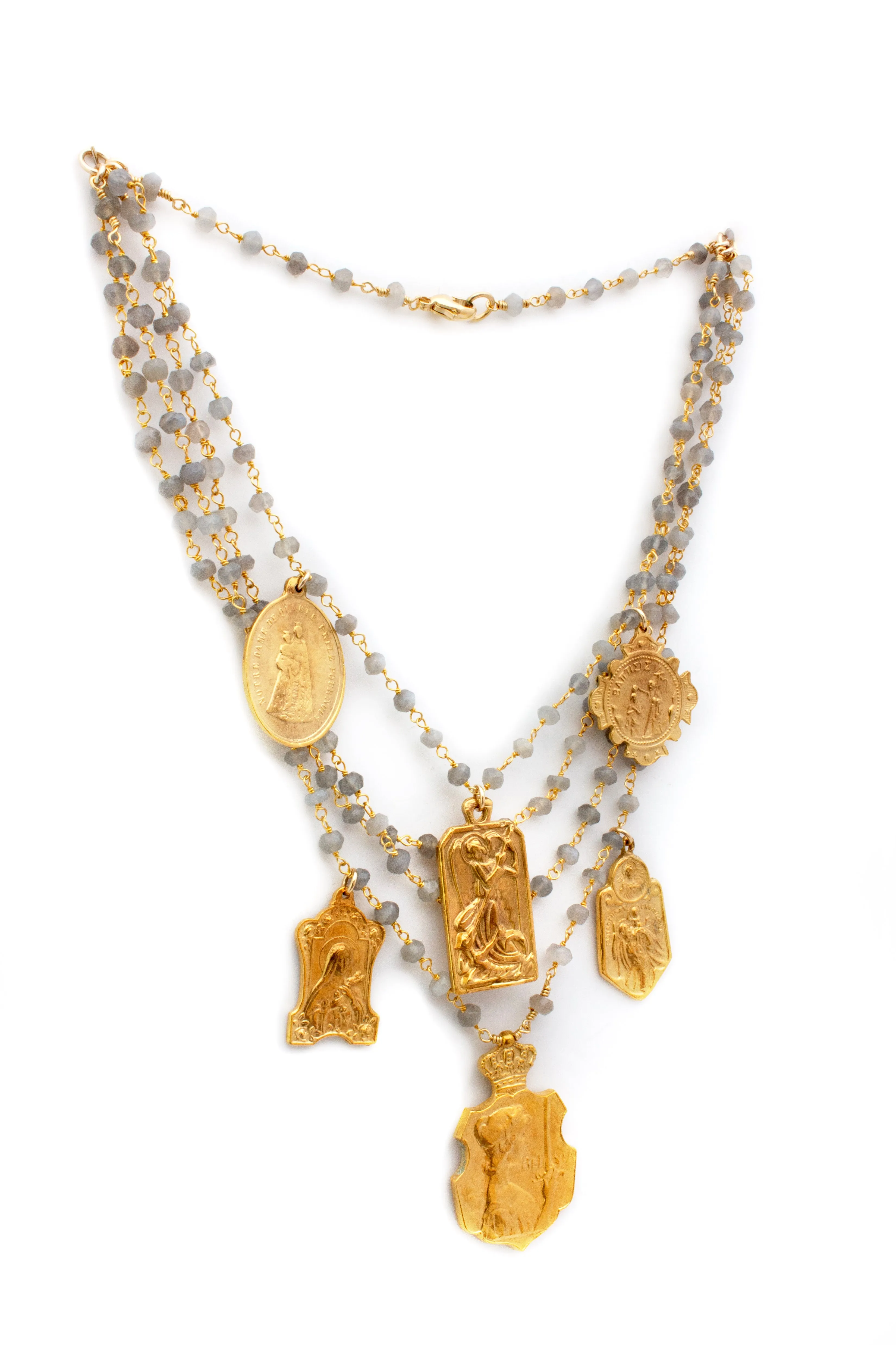 Handmade Multistrand Laboradite Necklace with Vintage Religious Charms