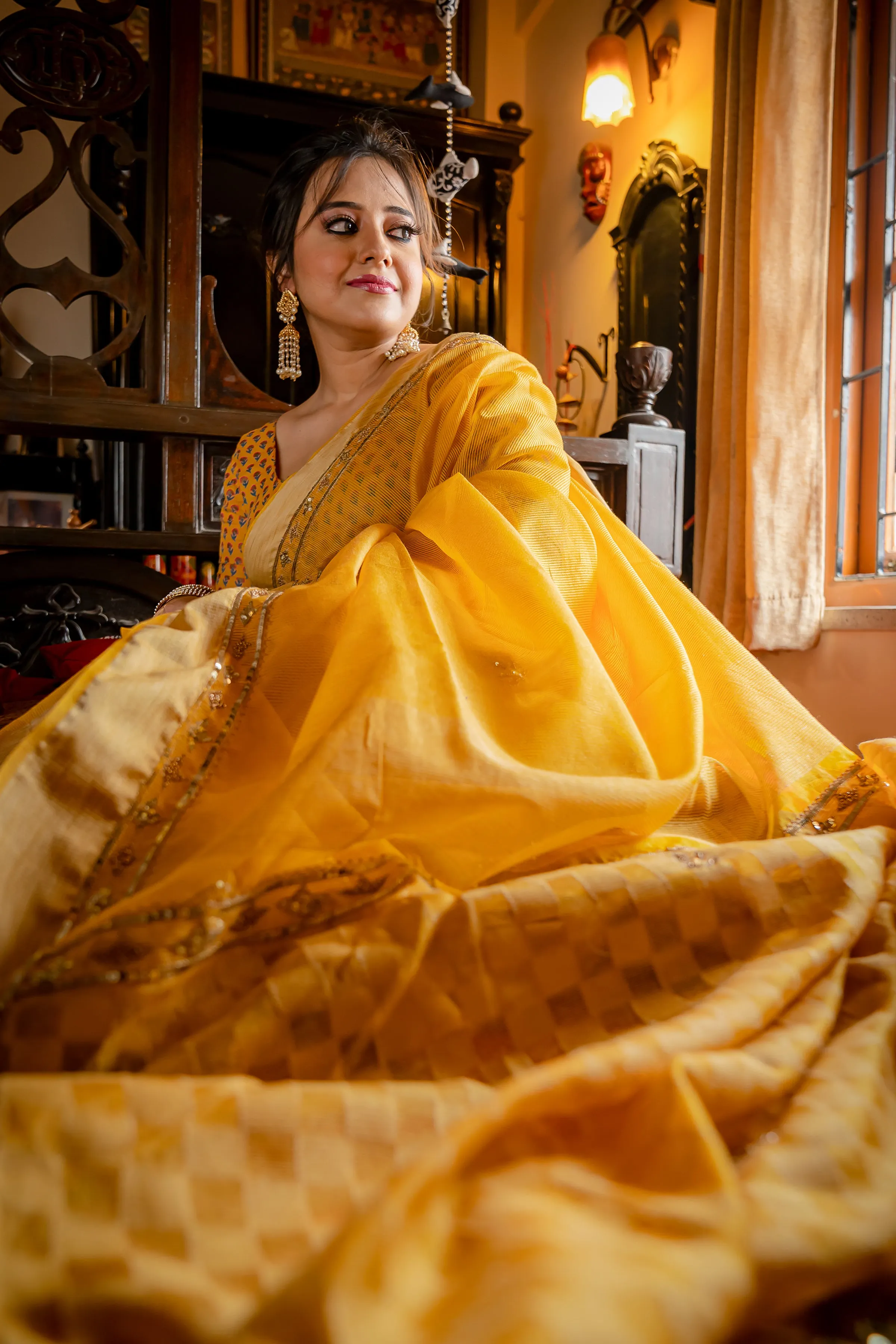 Handwoven Resham Noil Yellow Cotton Saree with Hand Ari Stitching