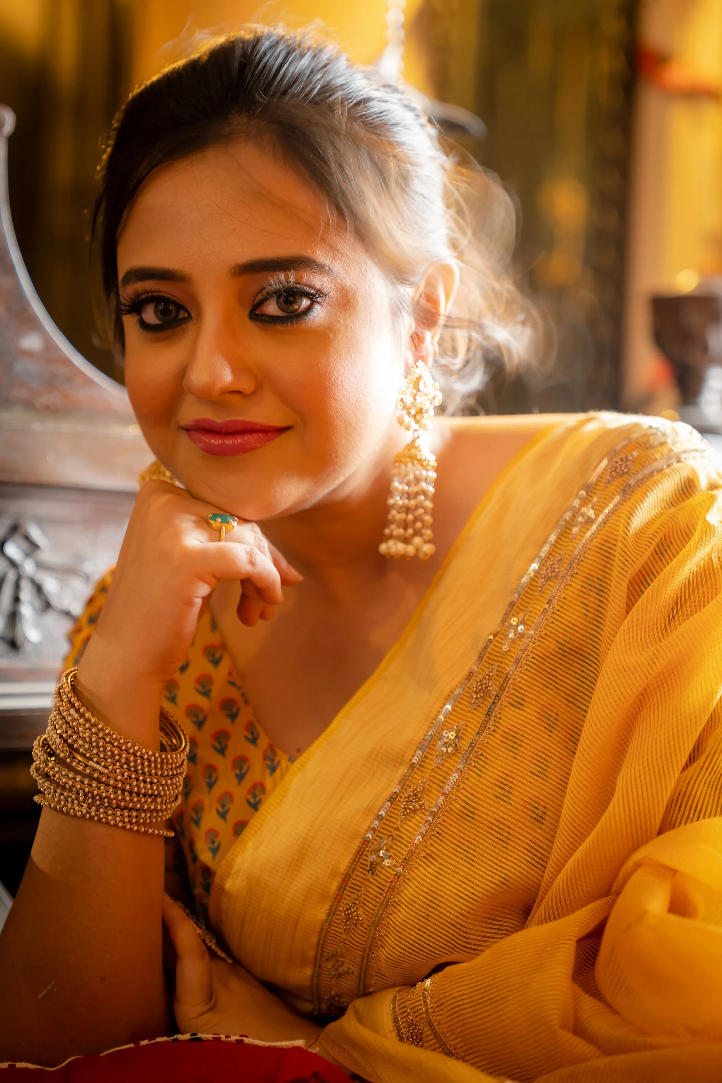 Handwoven Resham Noil Yellow Cotton Saree with Hand Ari Stitching
