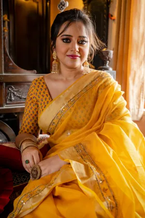 Handwoven Resham Noil Yellow Cotton Saree with Hand Ari Stitching