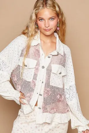 Hazel Blues® |  POL Eyelet Flower Pearl Detail Lace Patchwork Shirt