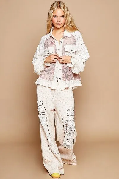Hazel Blues® |  POL Eyelet Flower Pearl Detail Lace Patchwork Shirt