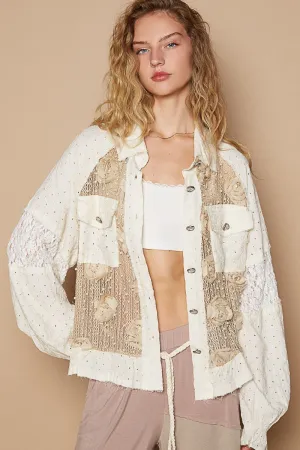 Hazel Blues® |  POL Eyelet Flower Pearl Detail Lace Patchwork Shirt