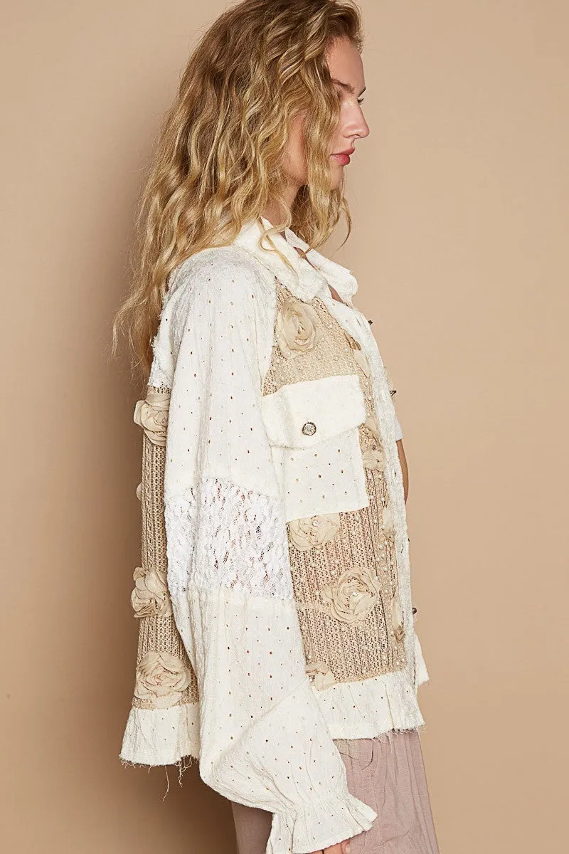 Hazel Blues® |  POL Eyelet Flower Pearl Detail Lace Patchwork Shirt