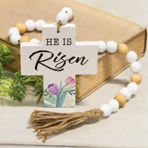 He Is Risen Wooden Bead Garland With Cross
