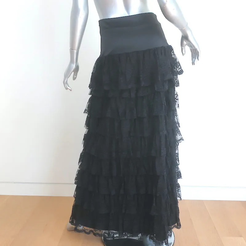 Heidi Merrick Tiered Lace Maxi Skirt Black Satin Size 2