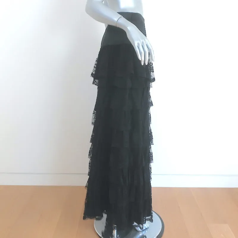 Heidi Merrick Tiered Lace Maxi Skirt Black Satin Size 2