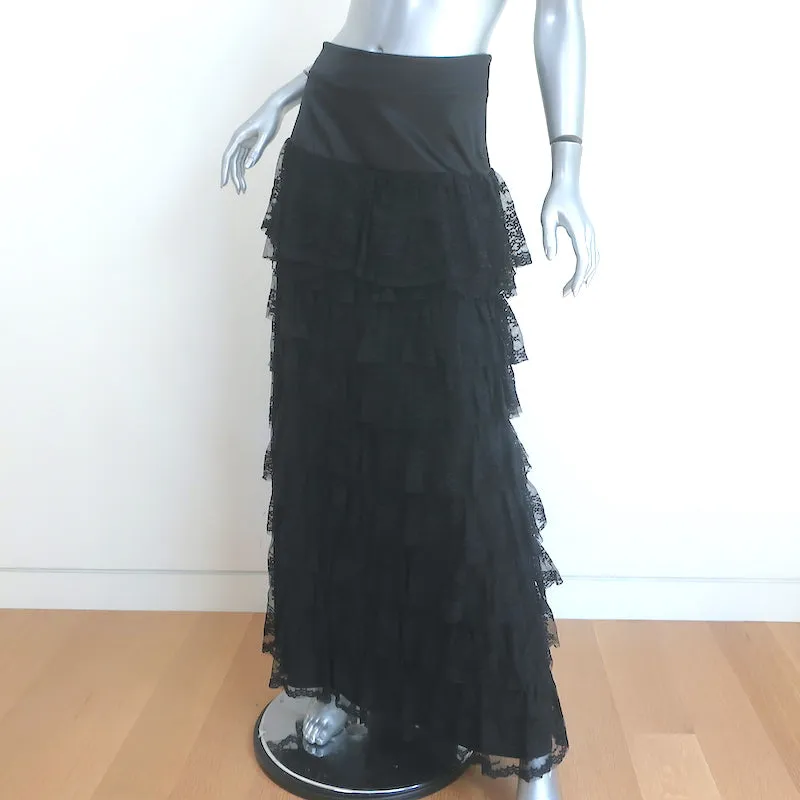 Heidi Merrick Tiered Lace Maxi Skirt Black Satin Size 2