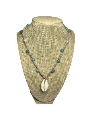 Hemp Macrame Necklace: Cowrie Shell Stones Pearls