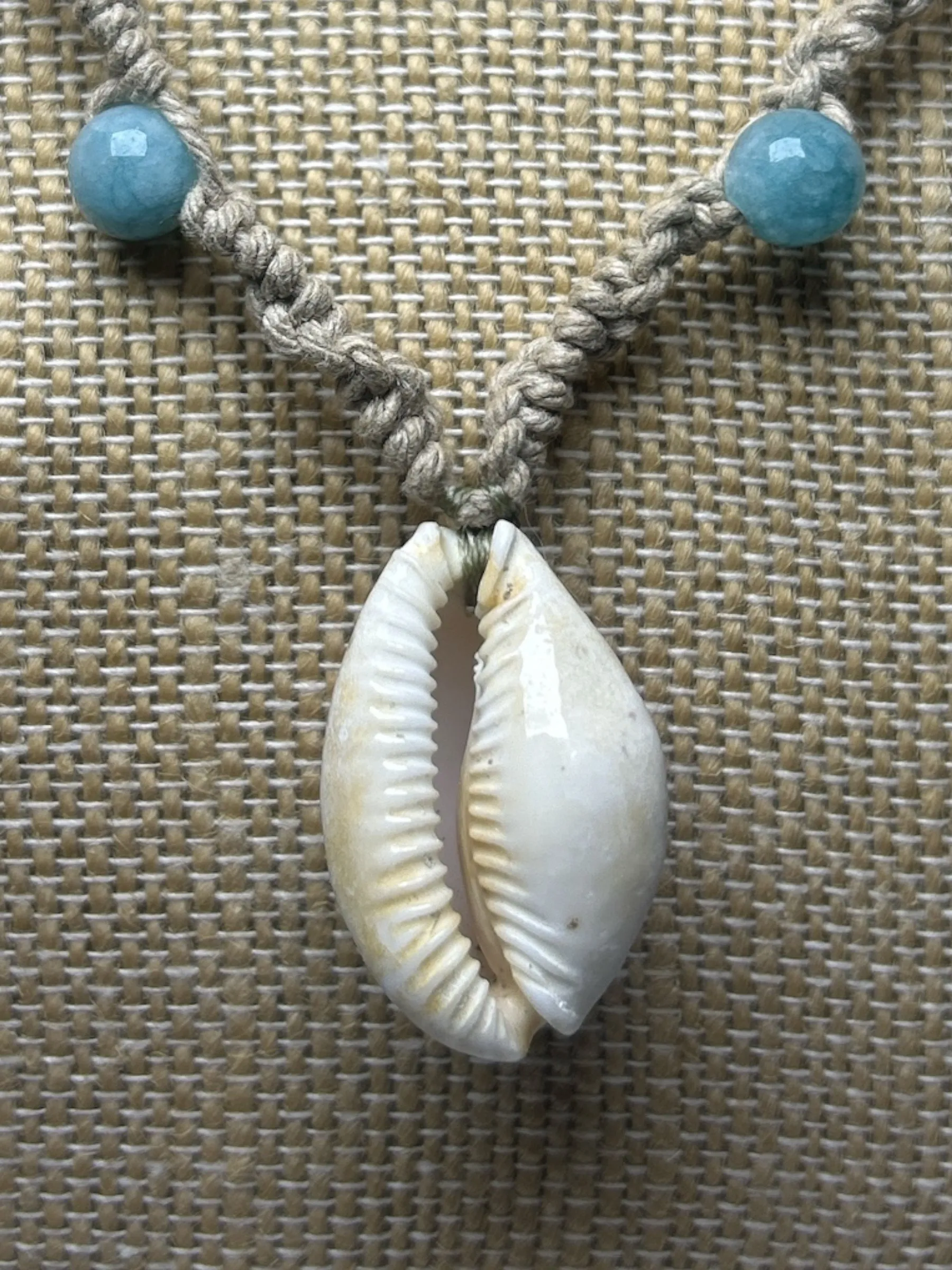 Hemp Macrame Necklace: Cowrie Shell Stones Pearls