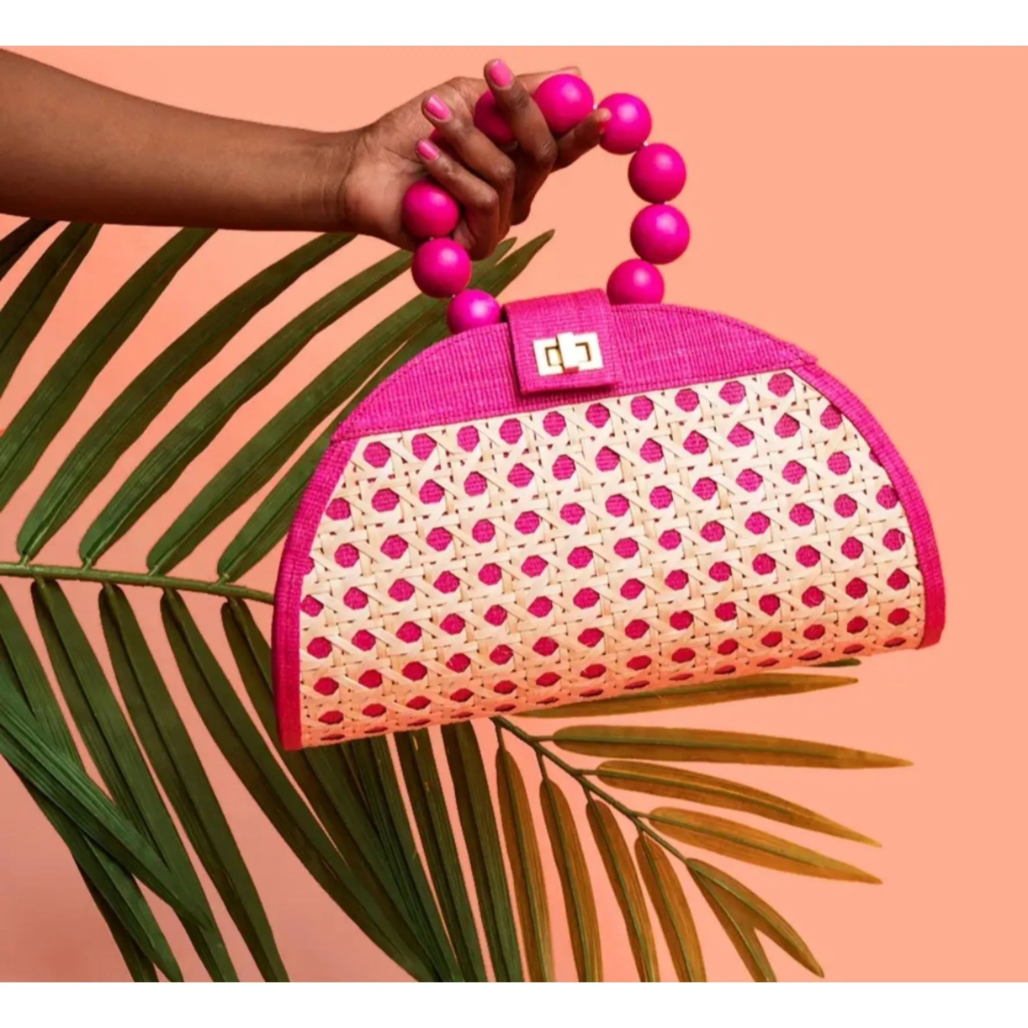 Hot Pink Woven Rattan Handbag Handcrafted