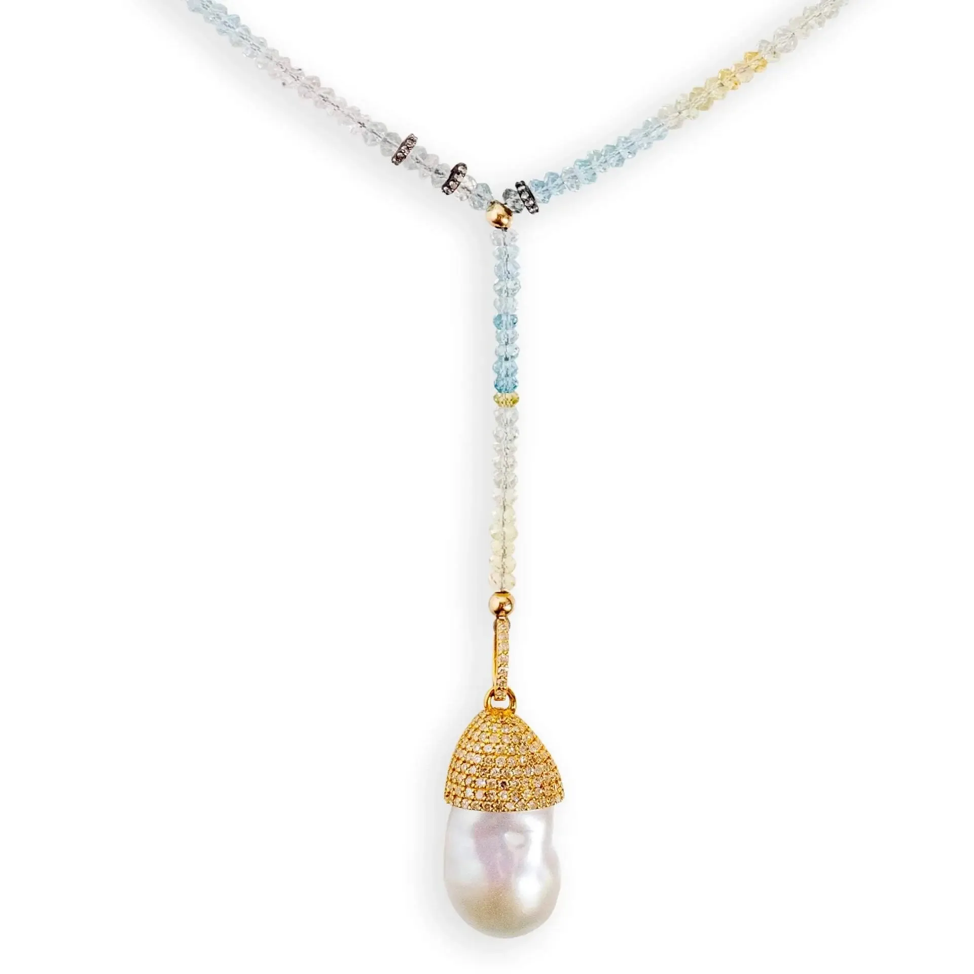 Ice Ombre Aquamarine Gold and Diamond Baroque Pearl Drop Necklace