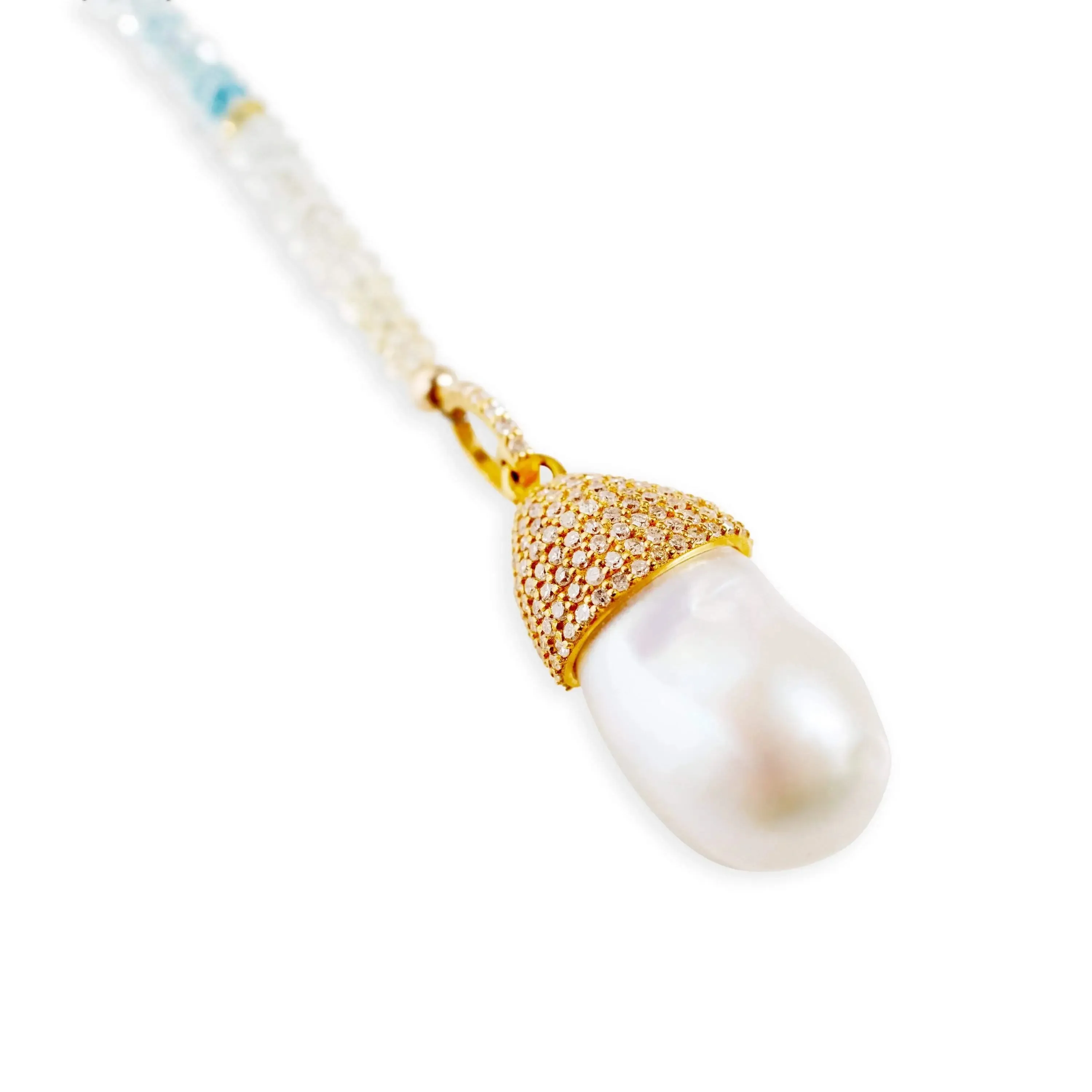 Ice Ombre Aquamarine Gold and Diamond Baroque Pearl Drop Necklace