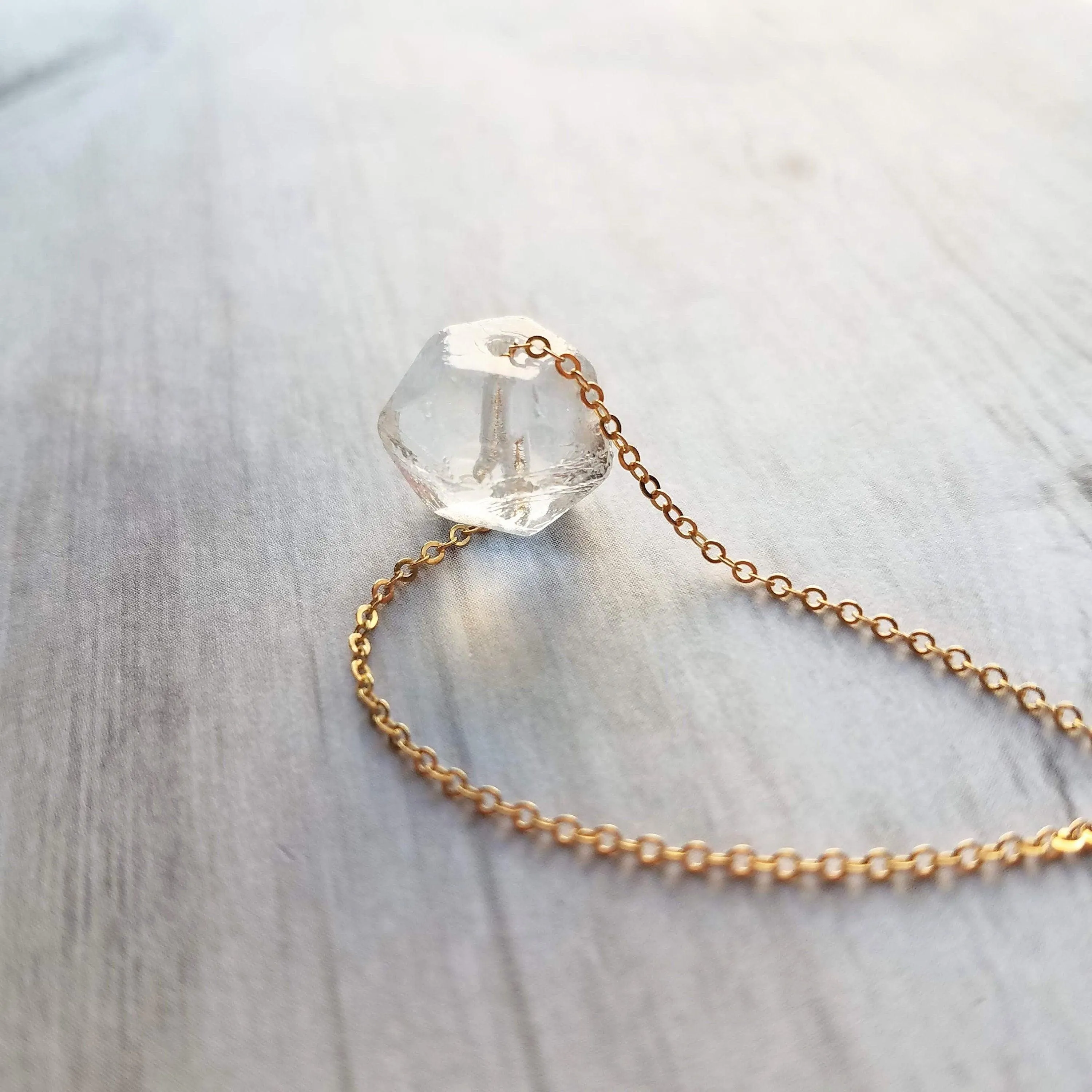 Ice Storm Necklace - clear glass chunk pendant, gold/silver chain, minimalist winter snow crystal charm, Herkimer diamond stone style bead
