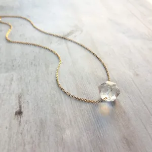 Ice Storm Necklace - clear glass chunk pendant, gold/silver chain, minimalist winter snow crystal charm, Herkimer diamond stone style bead