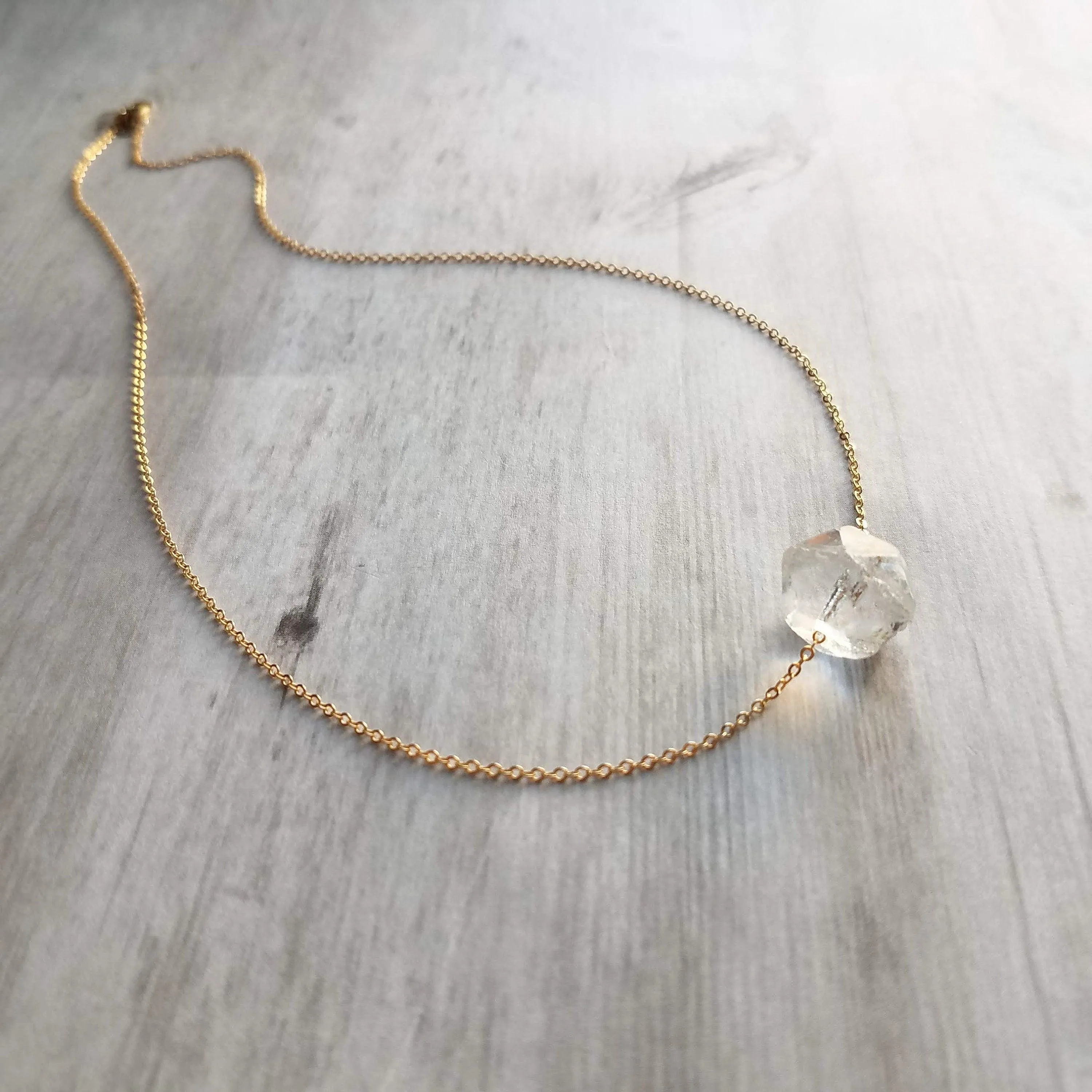 Ice Storm Necklace - clear glass chunk pendant, gold/silver chain, minimalist winter snow crystal charm, Herkimer diamond stone style bead
