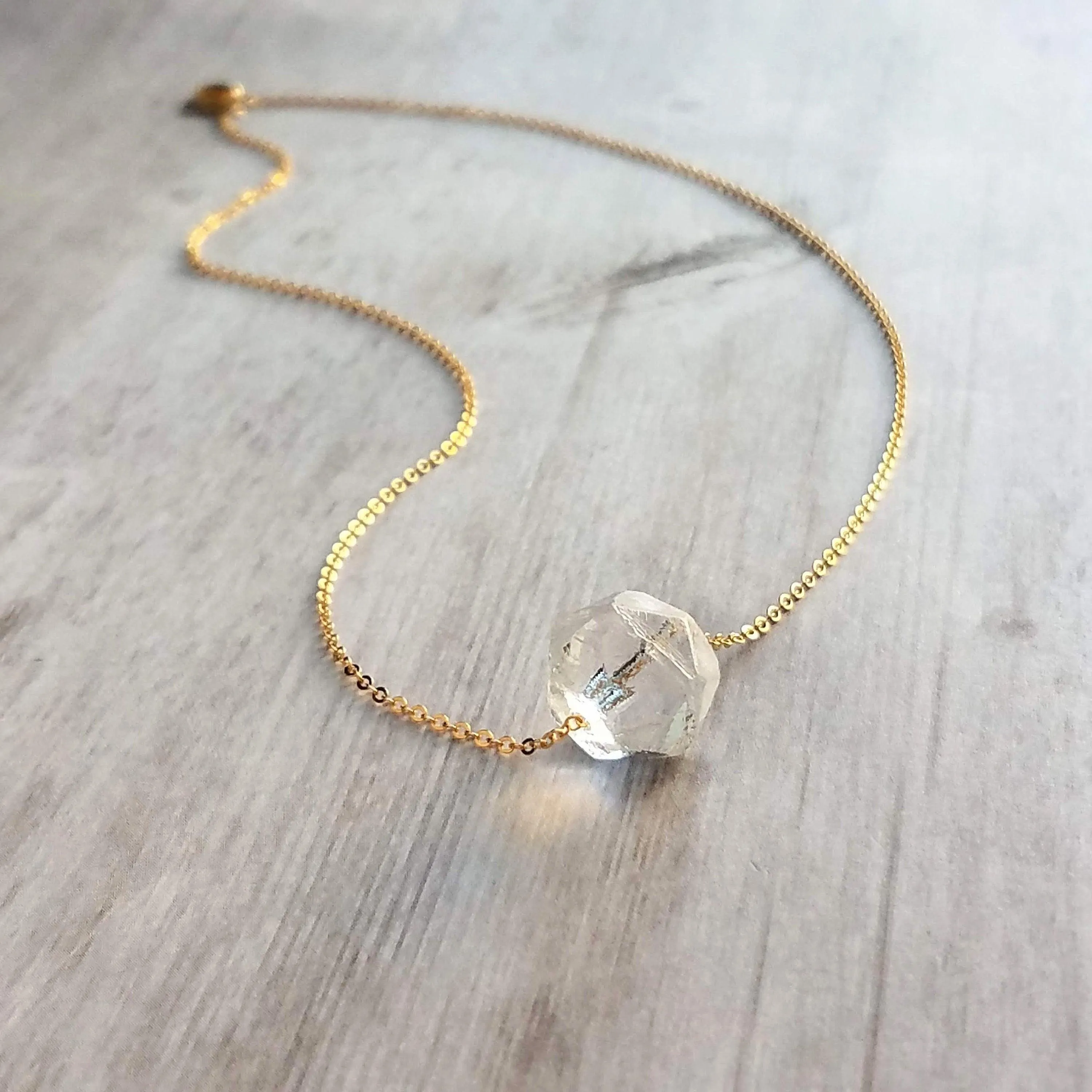 Ice Storm Necklace - clear glass chunk pendant, gold/silver chain, minimalist winter snow crystal charm, Herkimer diamond stone style bead