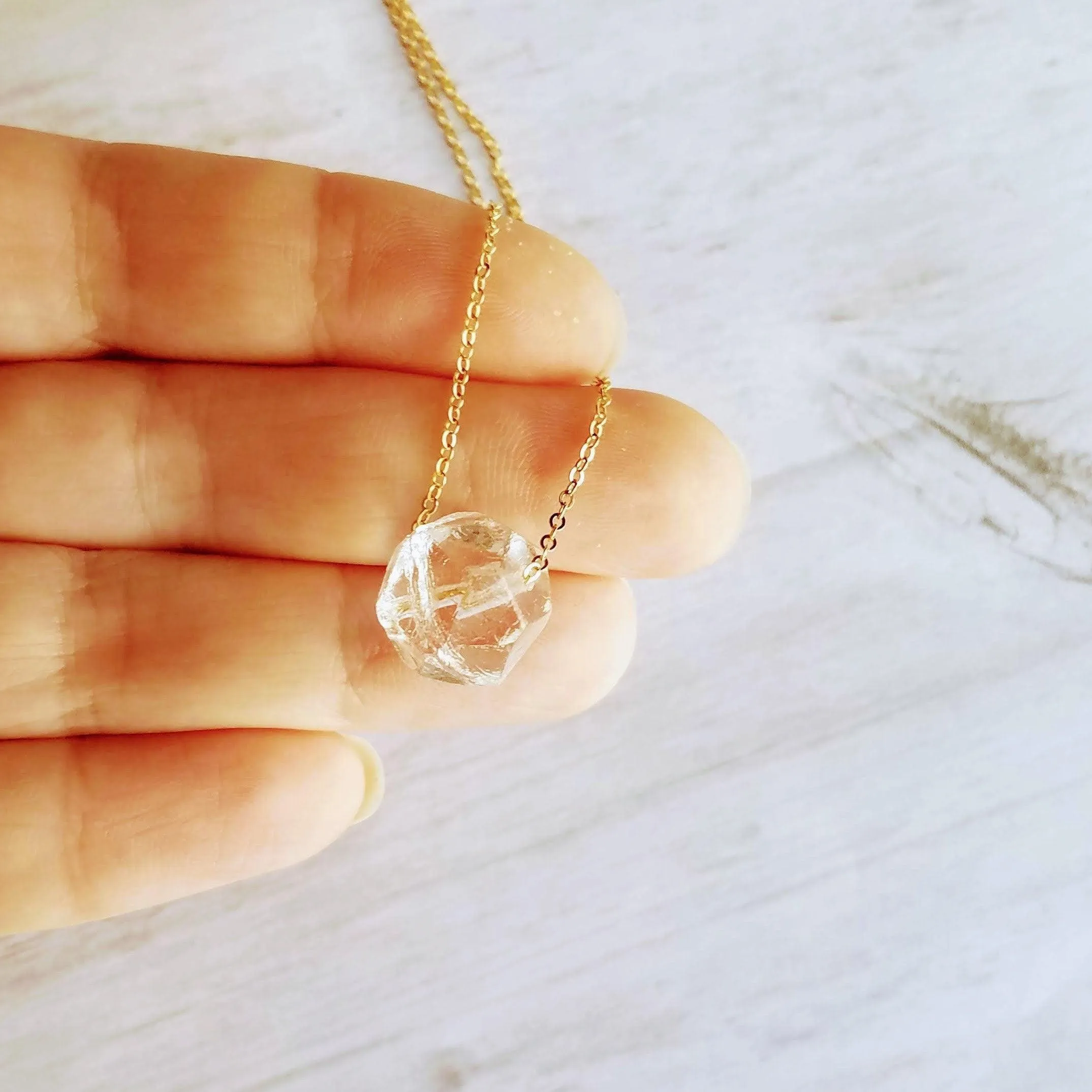 Ice Storm Necklace - clear glass chunk pendant, gold/silver chain, minimalist winter snow crystal charm, Herkimer diamond stone style bead
