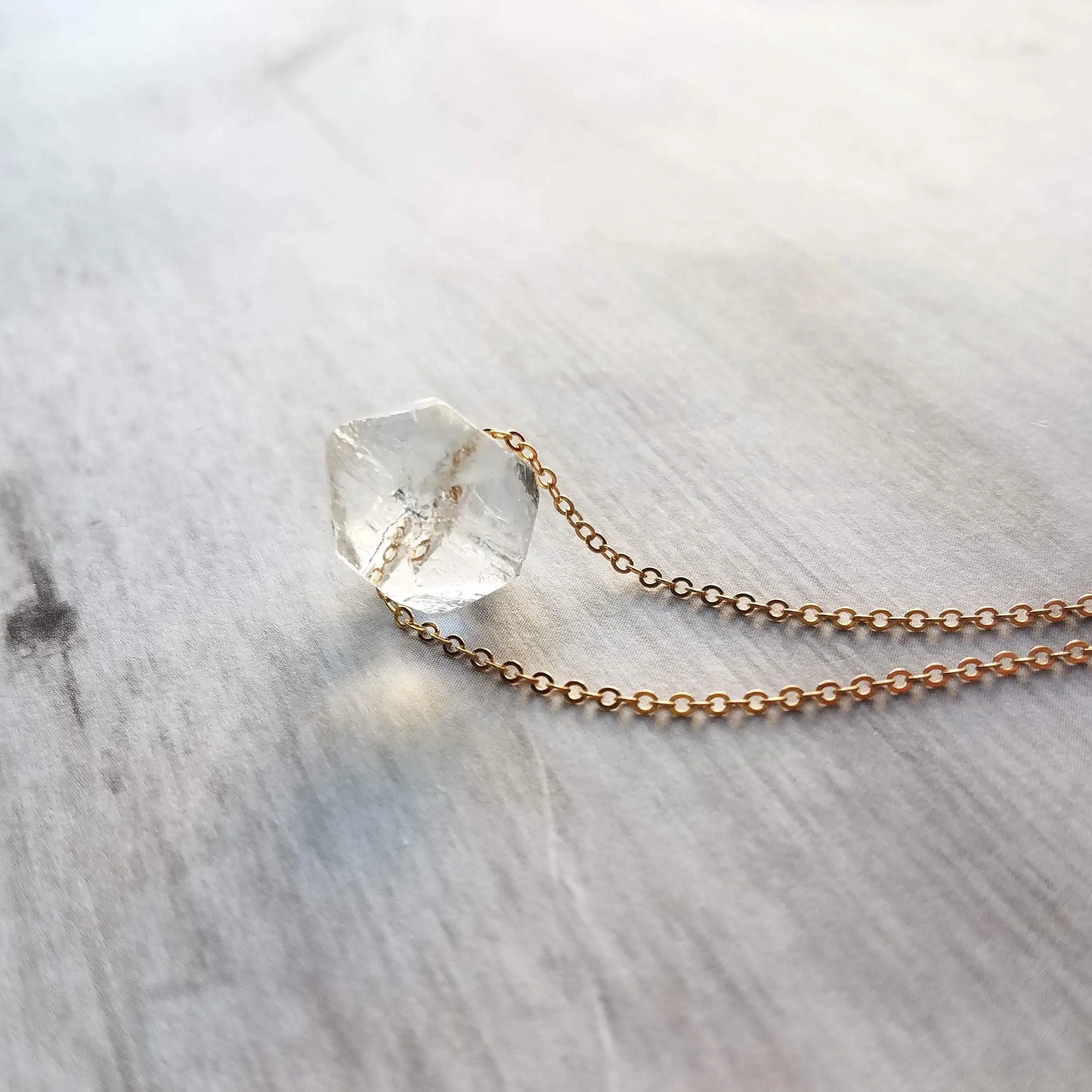 Ice Storm Necklace - clear glass chunk pendant, gold/silver chain, minimalist winter snow crystal charm, Herkimer diamond stone style bead