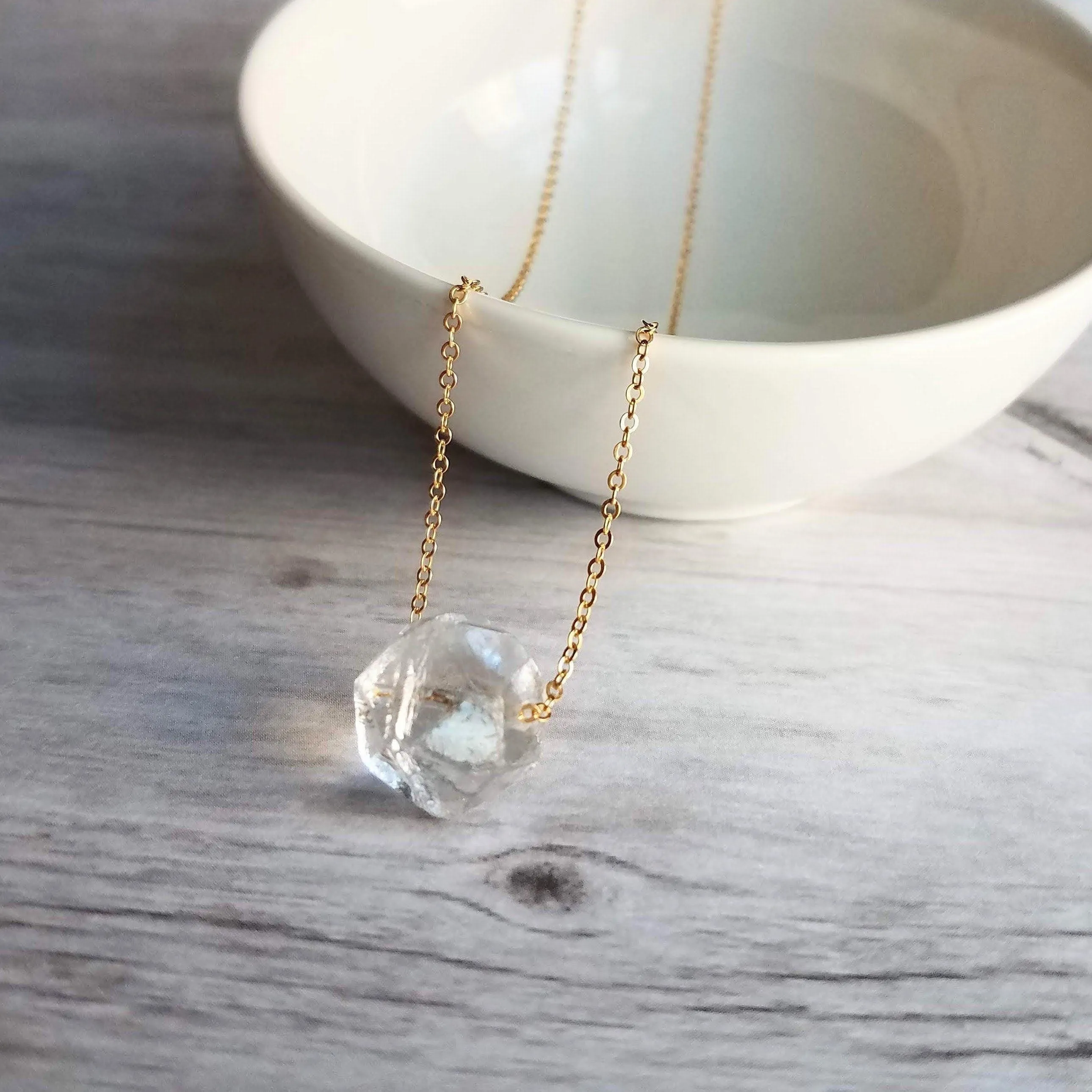 Ice Storm Necklace - clear glass chunk pendant, gold/silver chain, minimalist winter snow crystal charm, Herkimer diamond stone style bead