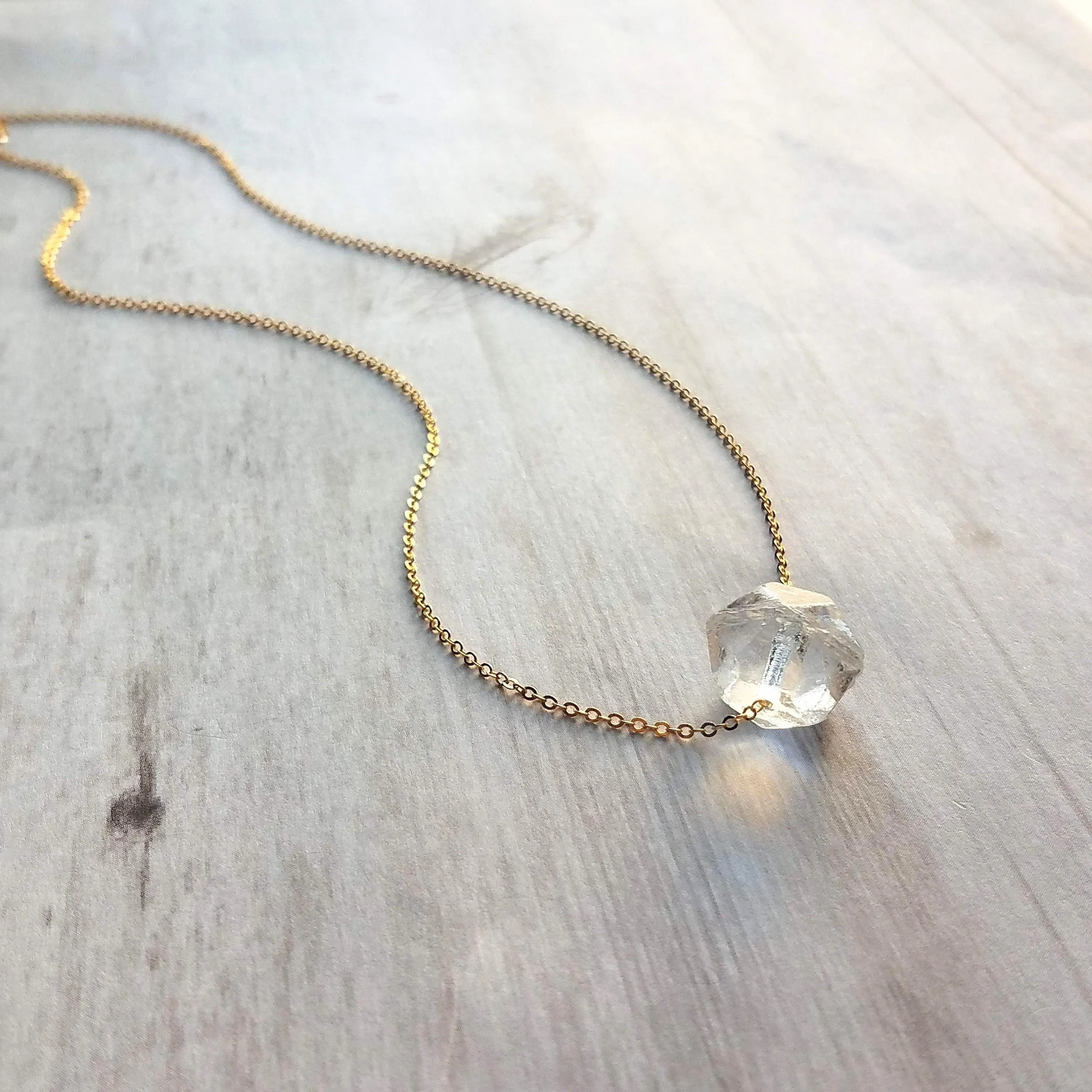 Ice Storm Necklace - clear glass chunk pendant, gold/silver chain, minimalist winter snow crystal charm, Herkimer diamond stone style bead