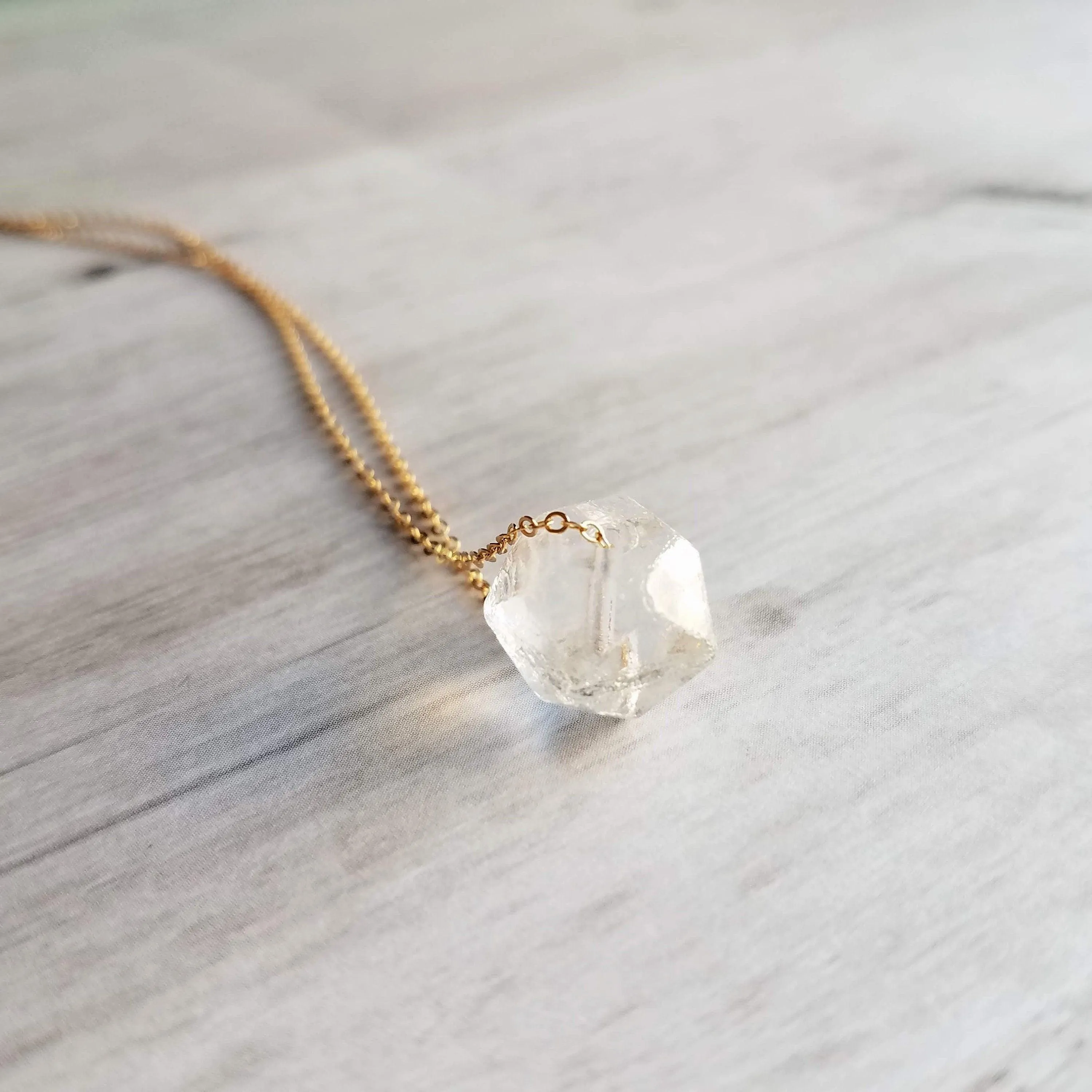 Ice Storm Necklace - clear glass chunk pendant, gold/silver chain, minimalist winter snow crystal charm, Herkimer diamond stone style bead