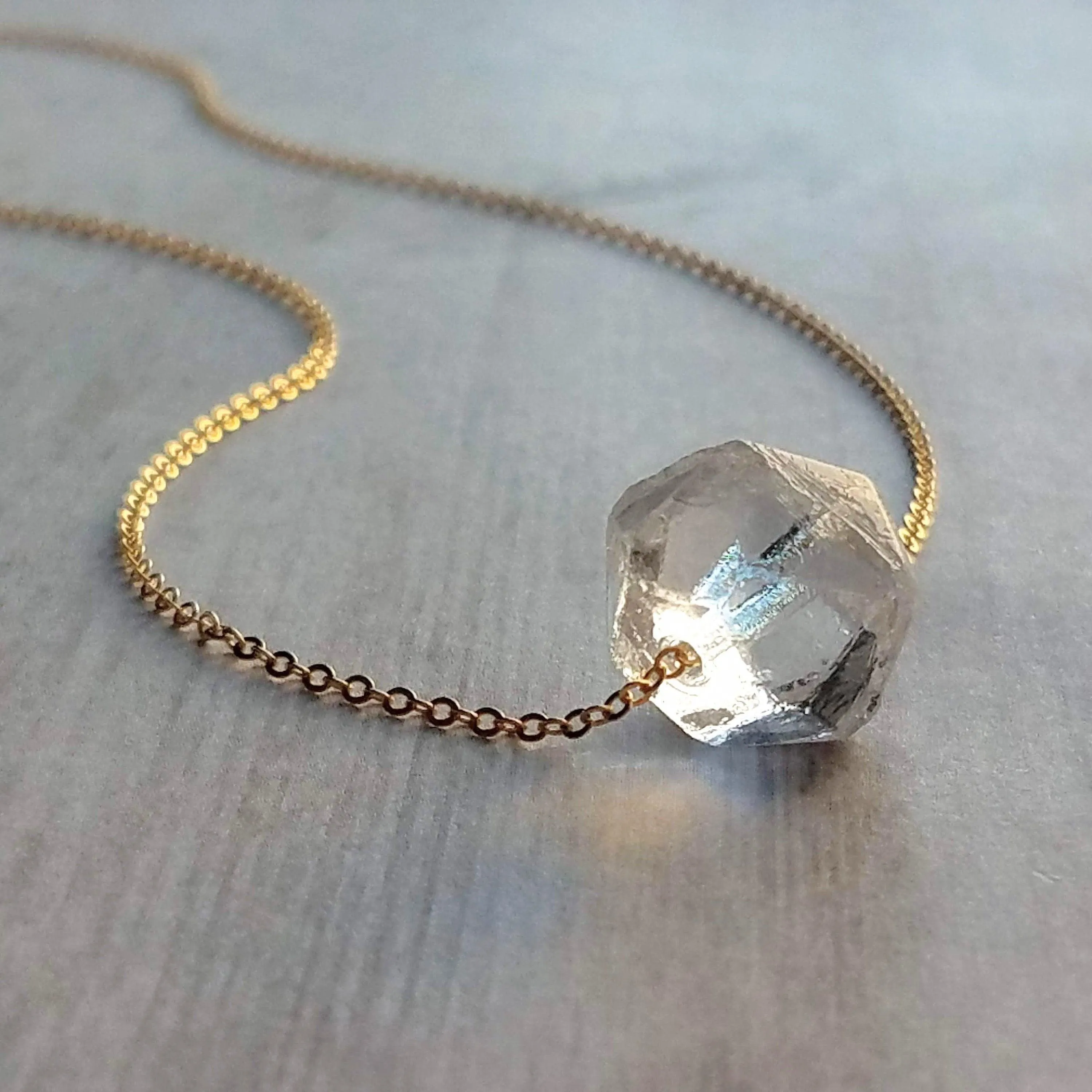 Ice Storm Necklace - clear glass chunk pendant, gold/silver chain, minimalist winter snow crystal charm, Herkimer diamond stone style bead