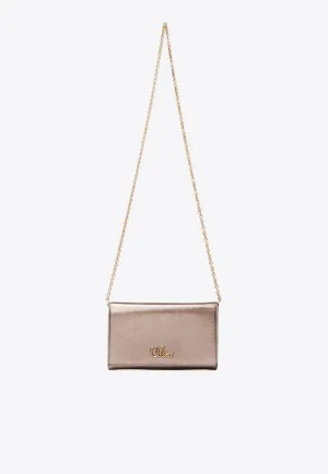 Iconic Logo Chain Clutch in Metallized Leather