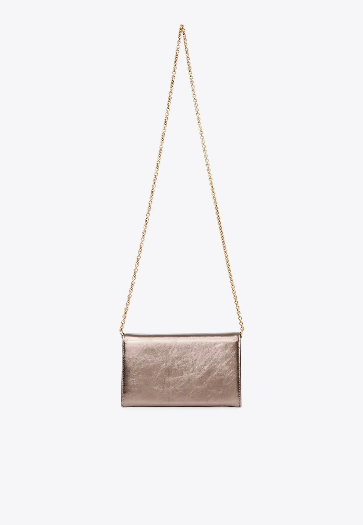 Iconic Logo Chain Clutch in Metallized Leather