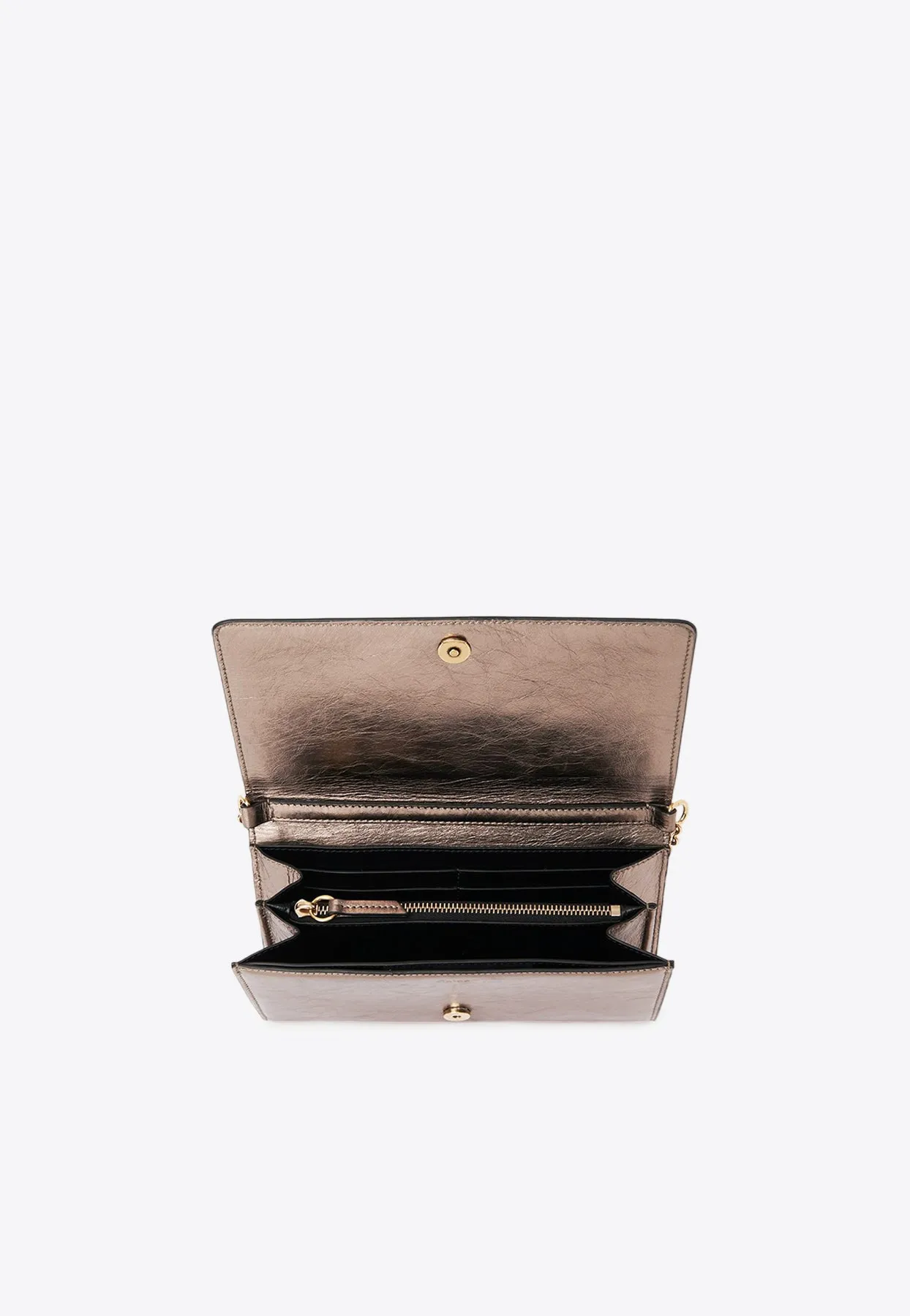 Iconic Logo Chain Clutch in Metallized Leather