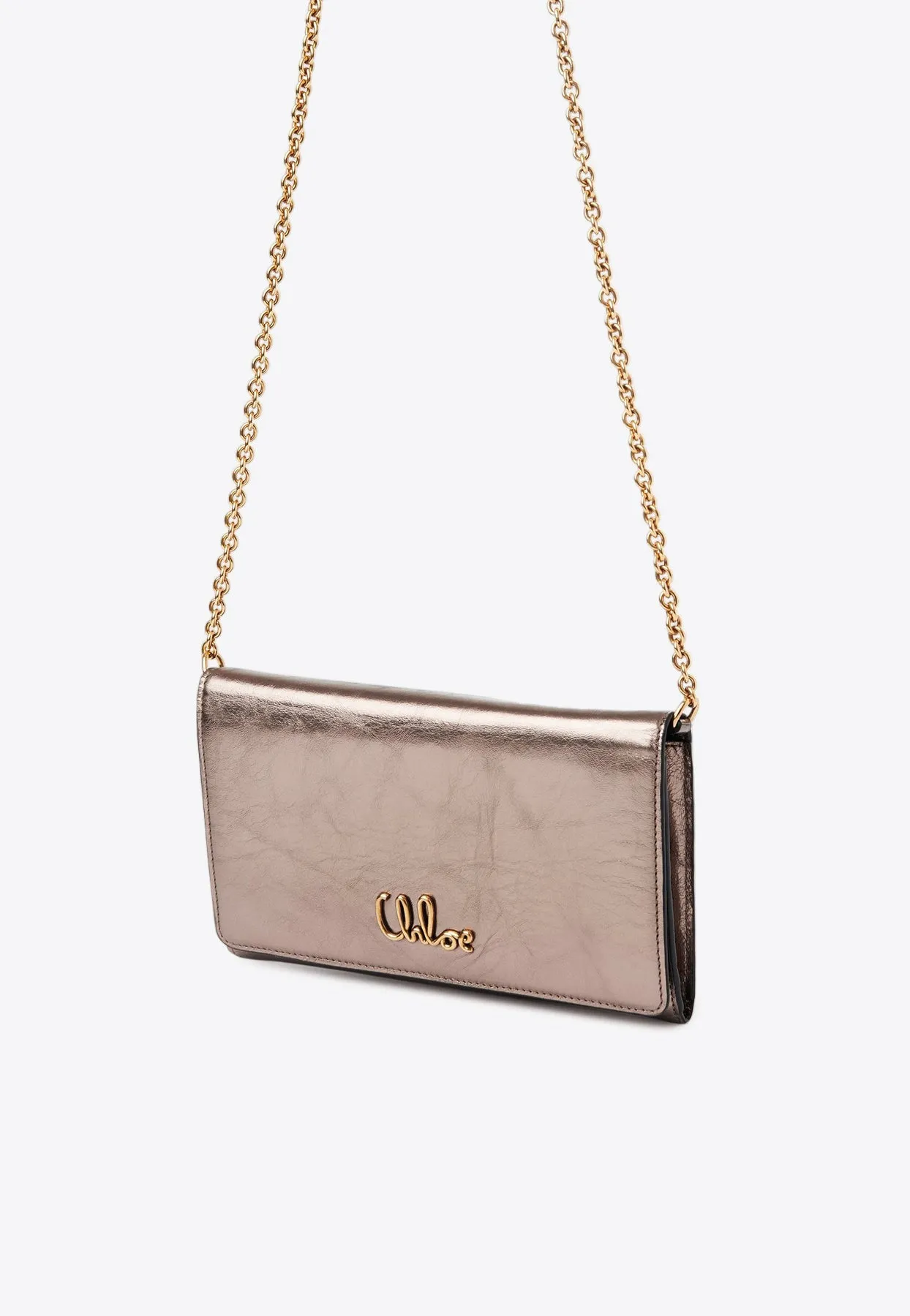 Iconic Logo Chain Clutch in Metallized Leather