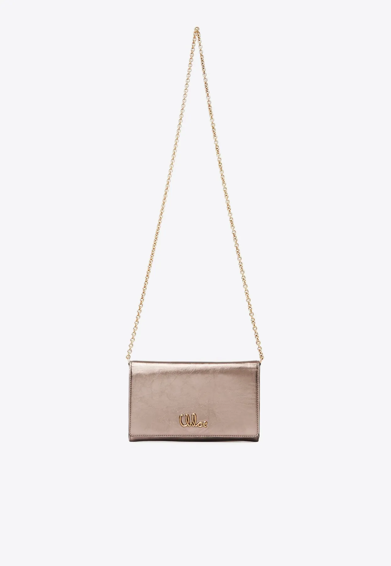 Iconic Logo Chain Clutch in Metallized Leather