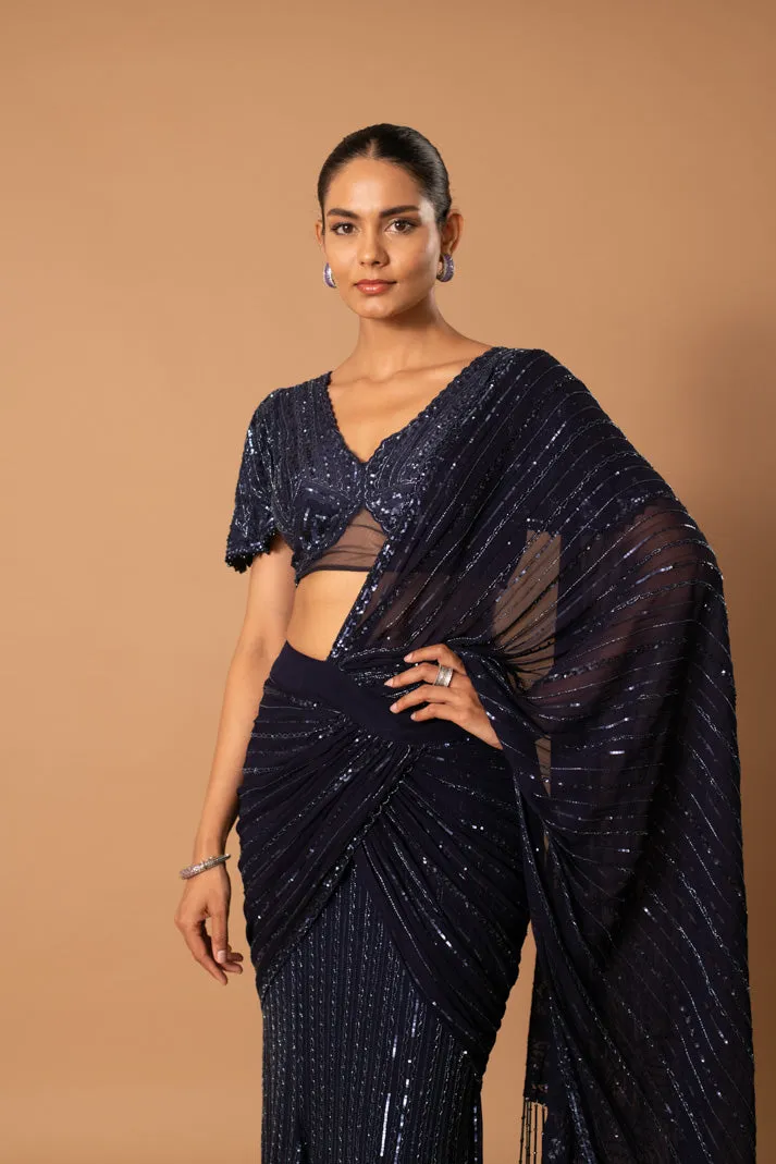 Inara Navy Blue Pre-Draped Saree with Cutdana & Sequin Embroidery