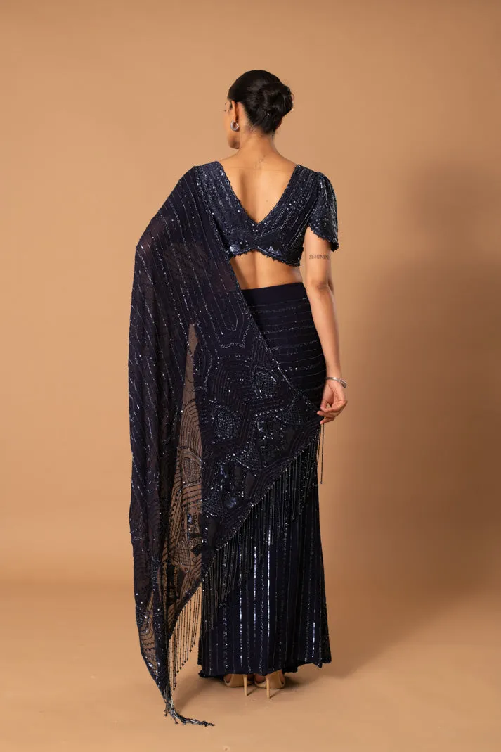 Inara Navy Blue Pre-Draped Saree with Cutdana & Sequin Embroidery