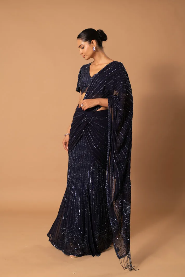 Inara Navy Blue Pre-Draped Saree with Cutdana & Sequin Embroidery