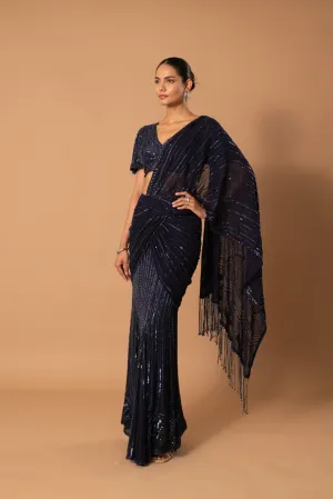Inara Navy Blue Pre-Draped Saree with Cutdana & Sequin Embroidery