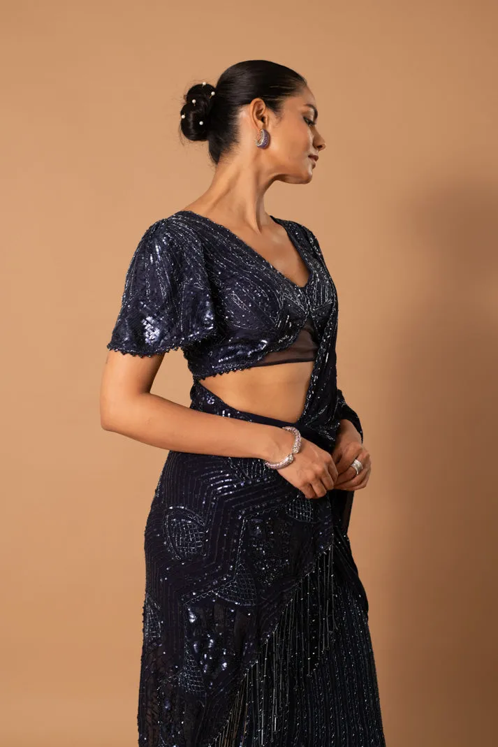 Inara Navy Blue Pre-Draped Saree with Cutdana & Sequin Embroidery