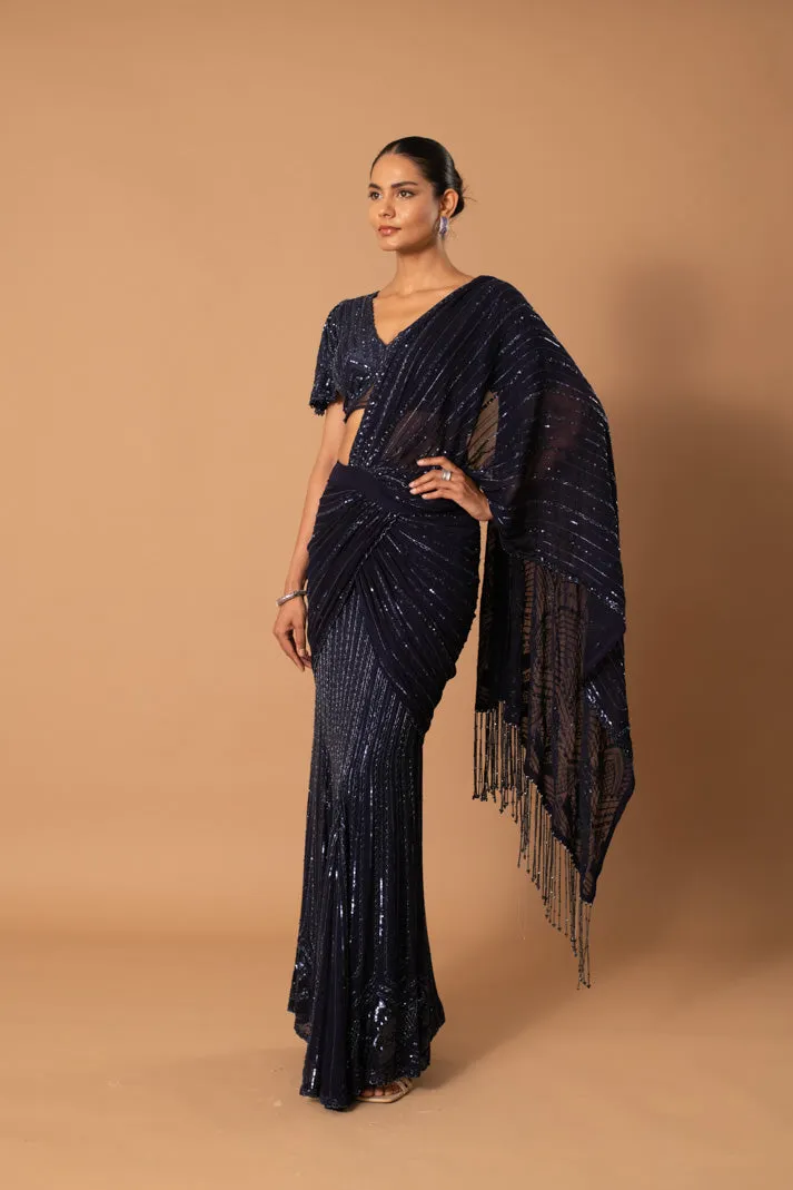Inara Navy Blue Pre-Draped Saree with Cutdana & Sequin Embroidery