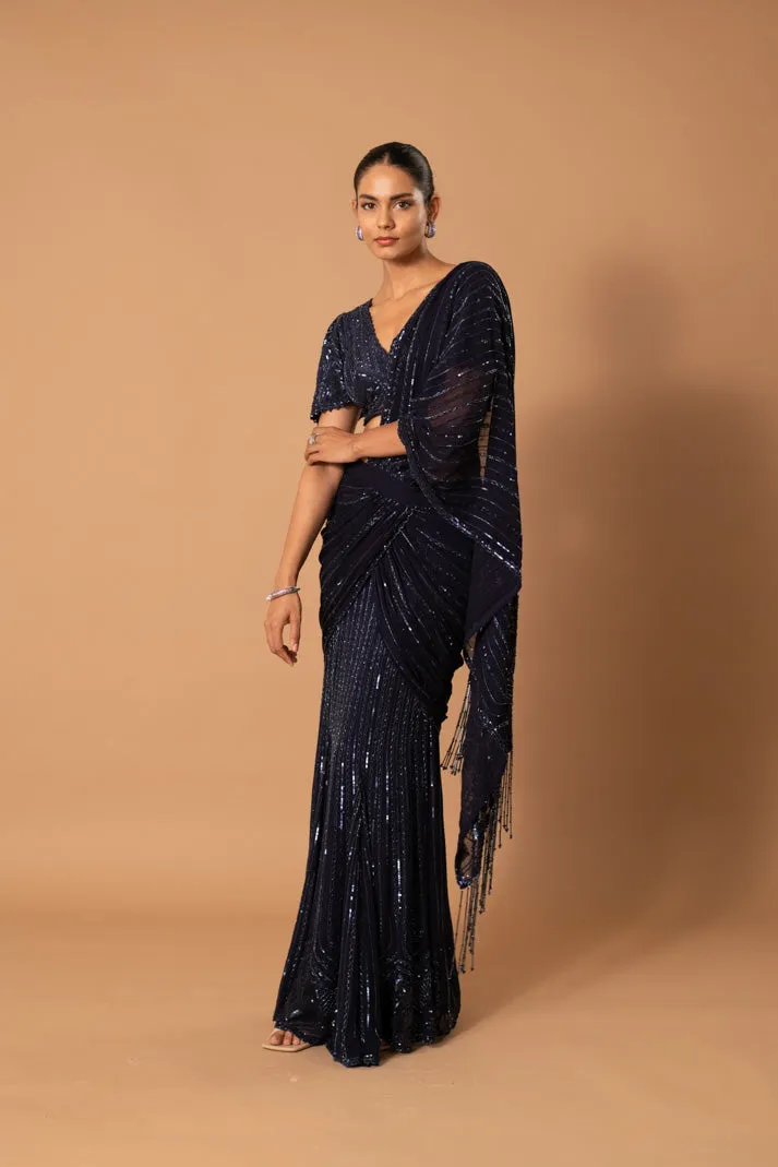 Inara Navy Blue Pre-Draped Saree with Cutdana & Sequin Embroidery