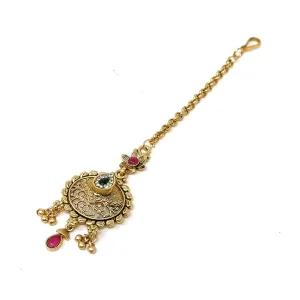 Indian Traditional Maang Tika Gold Plated Round Forehead Hair Head Ornament in Red Green White Stones and Little Charms - Party Dance Headpiece For Women Girls by Duel On Jewel