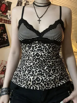 JazzHer Leopard Print Lace Patchwork Cami Top