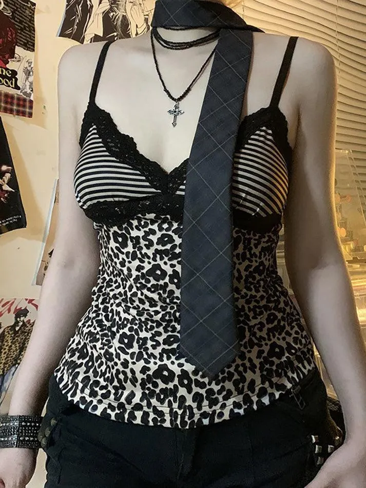 JazzHer Leopard Print Lace Patchwork Cami Top