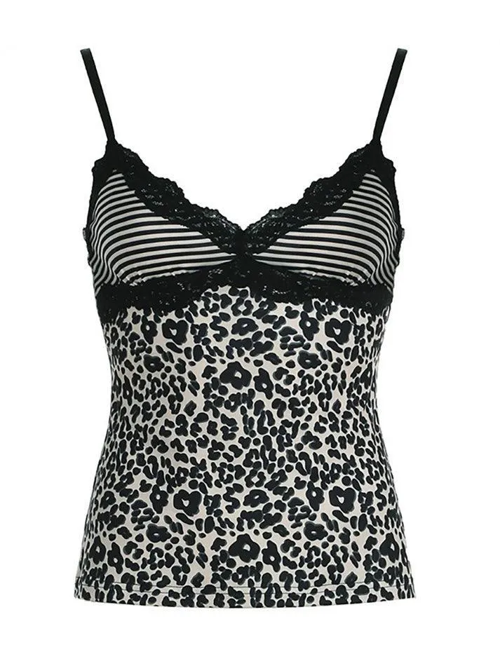 JazzHer Leopard Print Lace Patchwork Cami Top