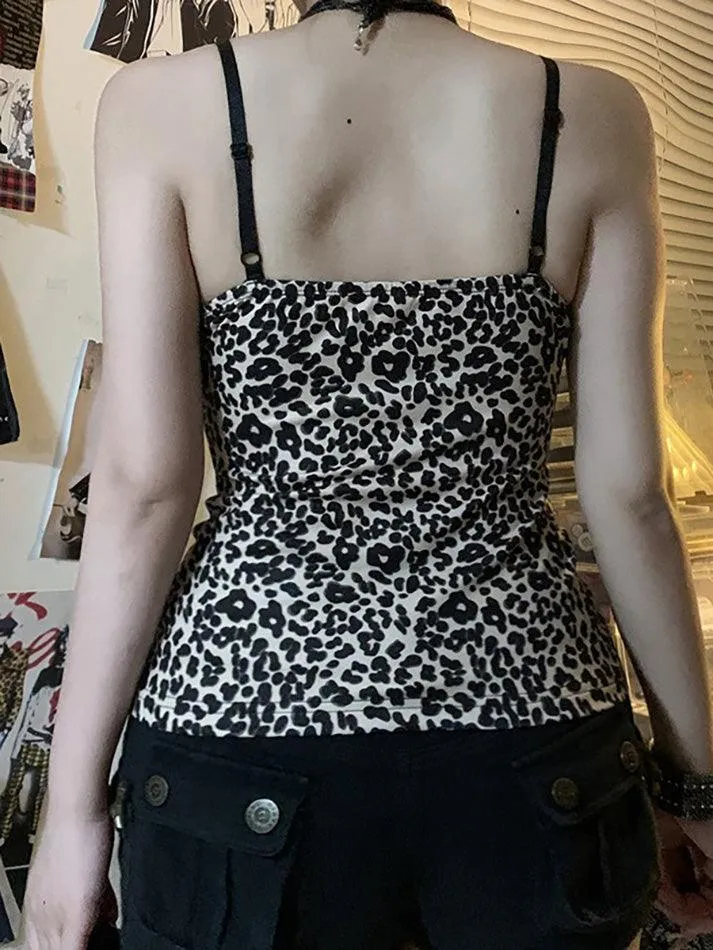 JazzHer Leopard Print Lace Patchwork Cami Top
