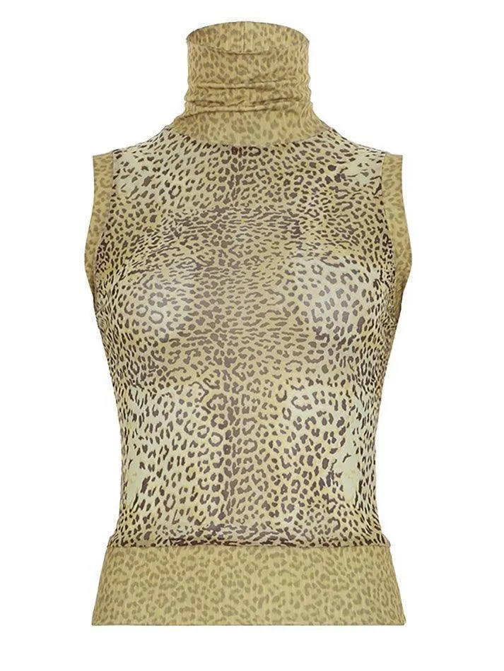 JazzHer Vintage Leopard Print High-Neck Mesh Patchwork Tank Top