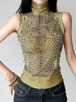 JazzHer Vintage Leopard Print High-Neck Mesh Patchwork Tank Top